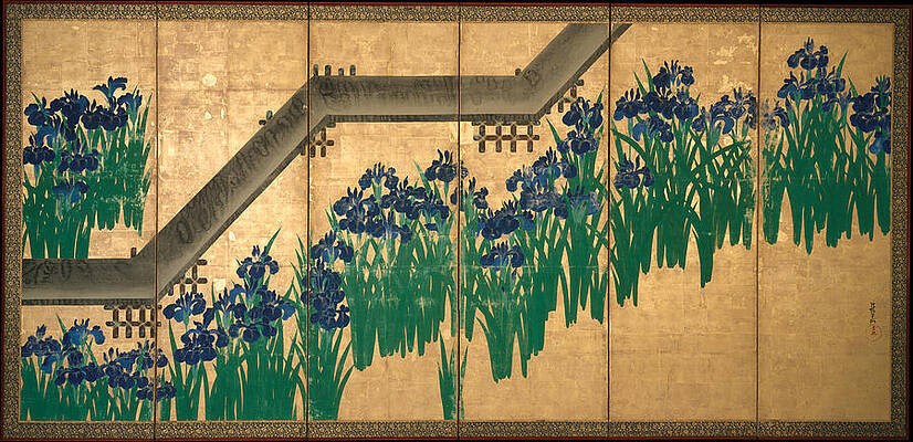 Irises at Yatsuhashi. Eight Bridges Print by Ogata Korin