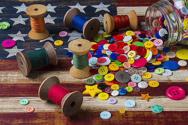 Wall Art - Photograph - Jar of buttons and spools of thread by Garry Gay