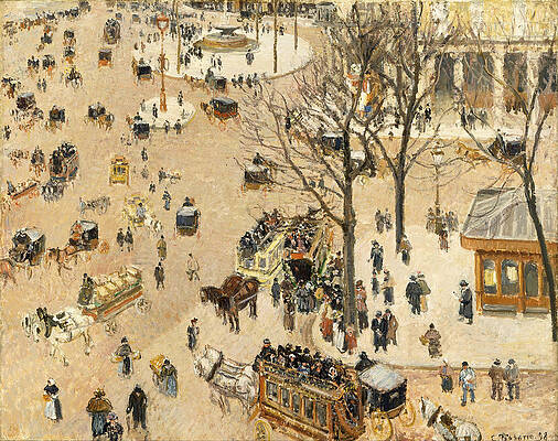 La Place Due Theatre Francais Print by Camille Pissarro