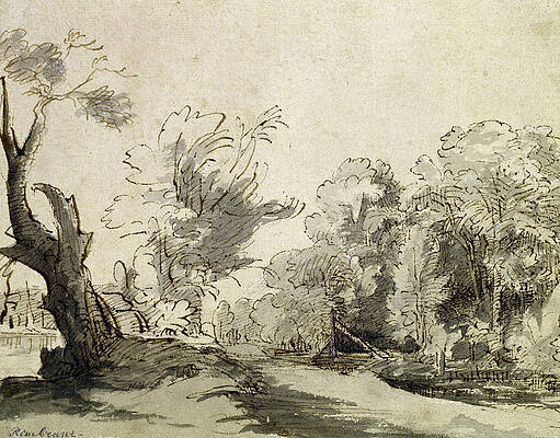 Wall Art - Drawing - Landscape With A Path, An Almost Dead Tree On The Left And A Footbridge Leading To A Farm by Rembrandt Harmensz van Rijn