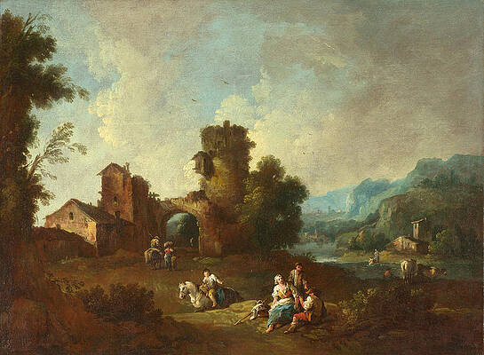 Landscape with a Ruined Tower Print by Giuseppe Zais