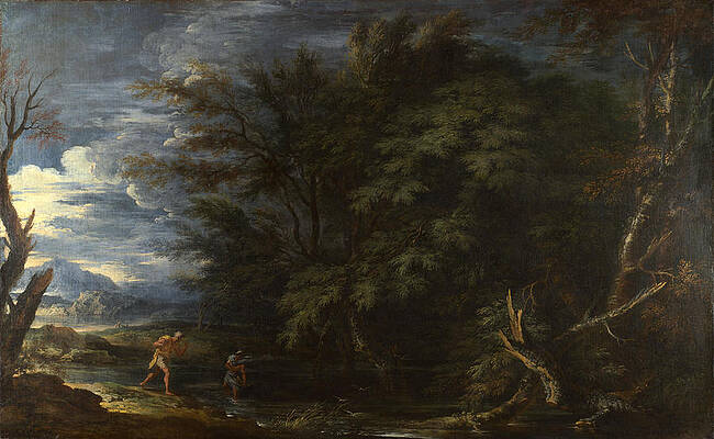 Landscape with Mercury and the Dishonest Woodman Print by Salvator Rosa