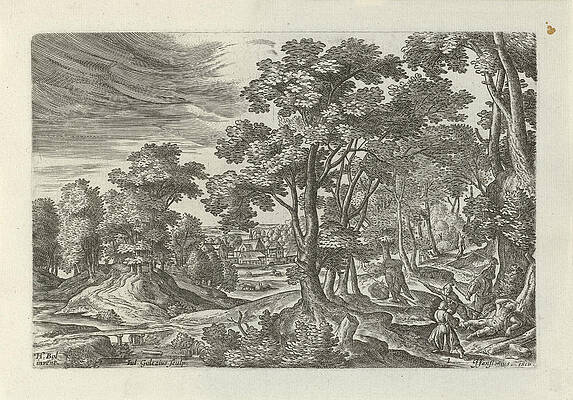 Wall Art - Drawing - Landscape With Robbery Of The Traveler, Julius Goltzius by Julius Goltzius And J. Janssonius