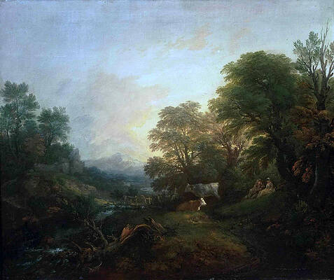 Landscape with Rustic Lovers Two Cows and a Man on a Distant Bridge Print by Thomas Gainsborough