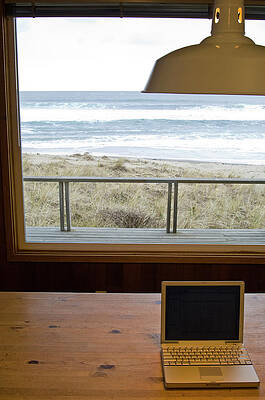 Wall Art - Photograph - Laptop Computer On Table With Beach by Heath Korvola