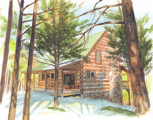 Wall Art - Drawing - Log Cabin In The Woods Watercolor Portrait by Mike Theuer