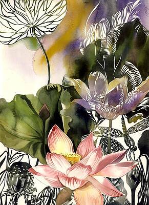 Wall Art - Mixed Media - Lotus With Dragonfly by Alfred Ng