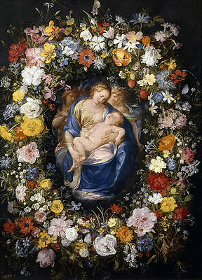 Madonna and Child in a Flower Garland Print by Jan Brueghel the Elder and Giulio Cesare Procaccini