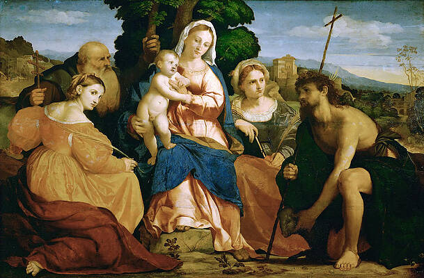 Madonna and Child with St Catherine and St Celestine and John the Baptist and St Barbara Print by Palma Vecchio