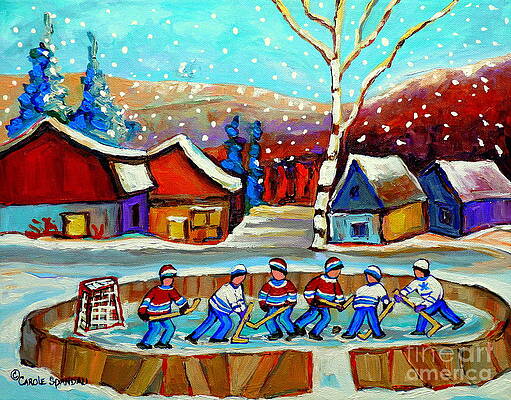 Wall Art - Painting - Magical Pond Hockey Memories Hockey Art Snow Falling Winter Fun Country Hockey Scenes  Spandau Art by Carole Spandau