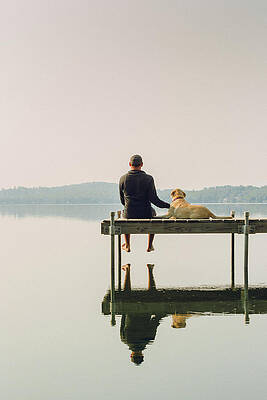 Wall Art - Photograph - Man And Dog Sitting On The Dock by Corey Hendrickson