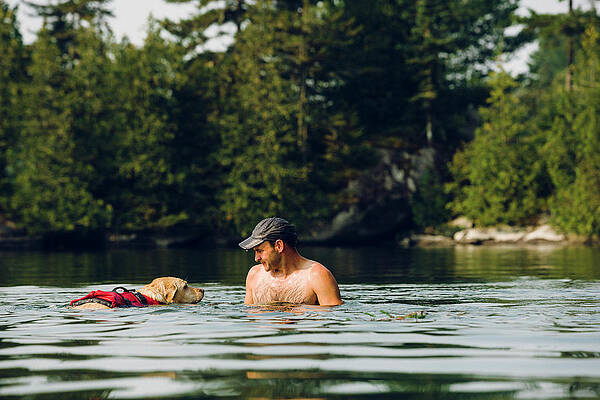 Wall Art - Photograph - Man And Dog Swimming In A Lake by Corey Hendrickson