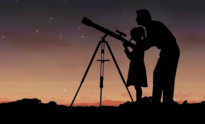 Wall Art - Photograph - Man And Girl Using Telescope by Science Photo Library