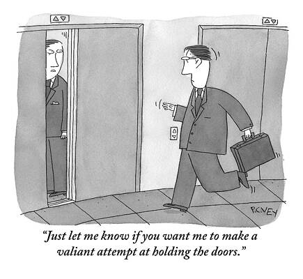 Wall Art - Drawing - Man Running Towards Elevator As Another Man by Peter C. Vey