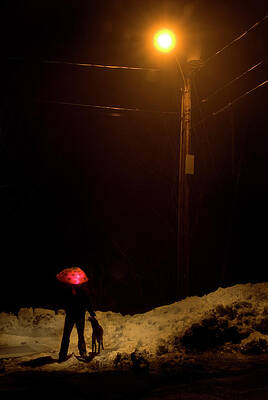 Wall Art - Photograph - Man With Glowing Umbrella And Dog by Peter Dennen