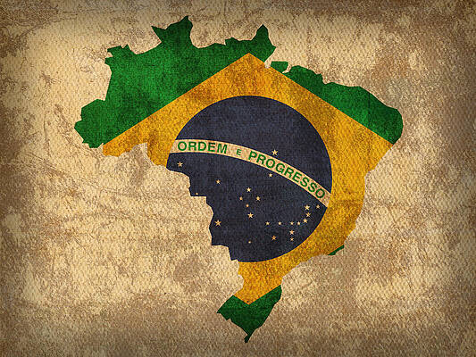 Wall Art - Mixed Media - Map of Brazil With Flag Art on Distressed Worn Canvas by Design Turnpike