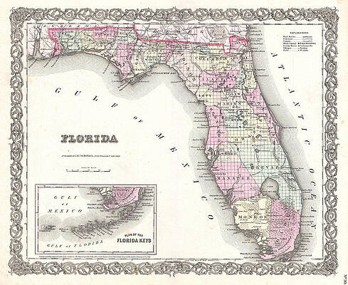 Map of Florida Print by Joseph Hutchins Colton