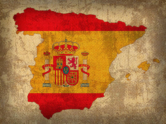 Wall Art - Mixed Media - Map of Spain With Flag Art on Distressed Worn Canvas by Design Turnpike