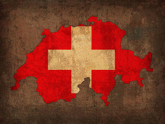 Wall Art - Mixed Media - Map of Switzerland With Flag Art on Distressed Worn Canvas by Design Turnpike