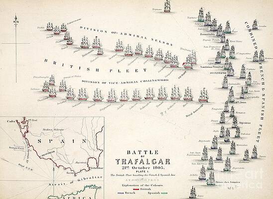 Wall Art - Drawing - Map of the Battle of Trafalgar by Alexander Keith Johnson