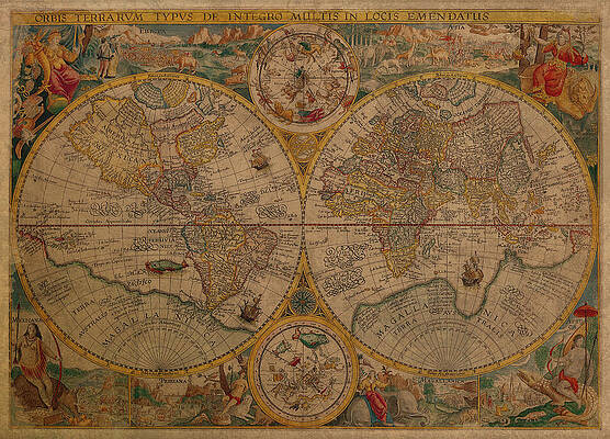Wall Art - Mixed Media - Map of the World 1599 Vintage Ancient Map on Worn Parchment by Design Turnpike