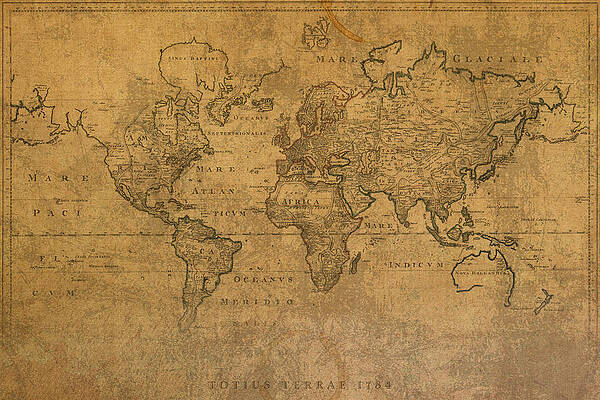 Wall Art - Mixed Media - Map of the World in 1784 Latin Text on Worn Stained Vintage Parchment by Design Turnpike