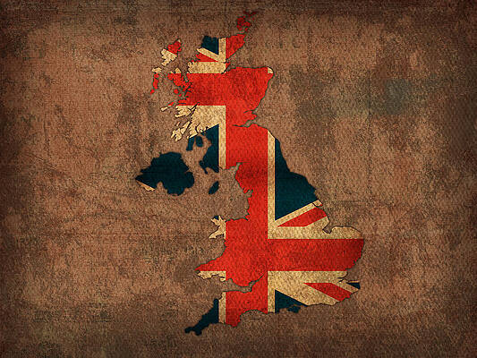 Wall Art - Mixed Media - Map of United Kingdom With Flag Art on Distressed Worn Canvas by Design Turnpike
