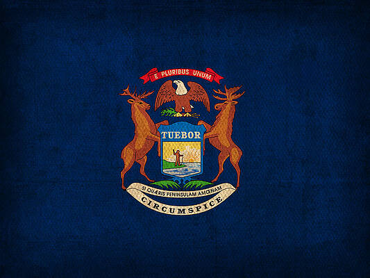 Wall Art - Mixed Media - Michigan State Flag Art on Worn Canvas by Design Turnpike