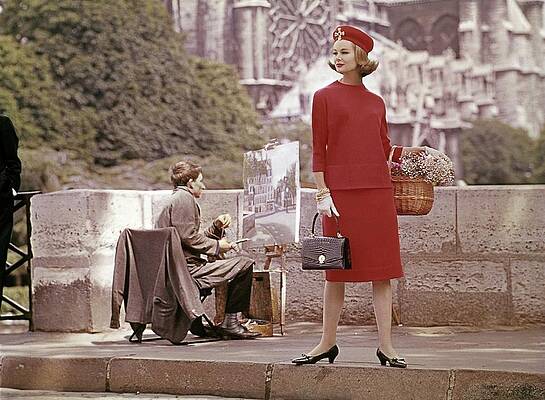 Model Wearing A Red Outfit With The Notre-dame De Print by Frances McLaughlin-Gill