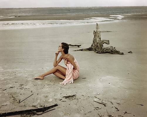 Wall Art - Photograph - Model Wrapped In A Pink Towel On The Beach by Frances McLaughlin-Gill