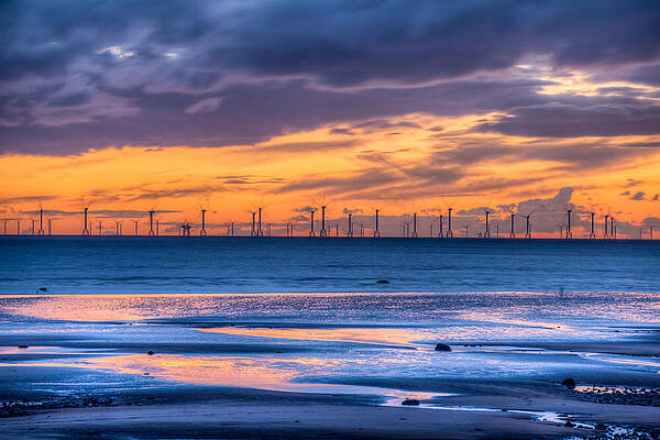 Wall Art - Photograph - Modern Ocean Windmills at Sunset Lowtide by Dennis Dame