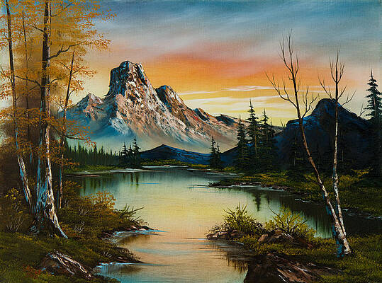 Mountain Lake Painting a la Bob Ross 1 #1 Wood Print by Bruno Santoro -  Fine Art America