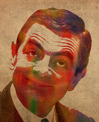 Wall Art - Mixed Media - Mr Bean Rowan Atkinson Watercolor Portrait on Worn Distressed Canvas by Design Turnpike