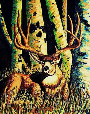 Mule Deer Buck in Aspens by Cynthia Sampson