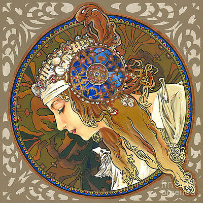 My Acrylic Painting As Interpretation of Alphonse Mucha- Byzantine Head. The Blonde. Diagonal frame. by Elena Daniel Yakubovich