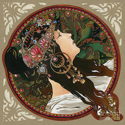 My Acrylic Painting As Interpretation Of Alphonse Mucha - Byzantine Head The Brunette Diagonal frame by Elena Daniel Yakubovich