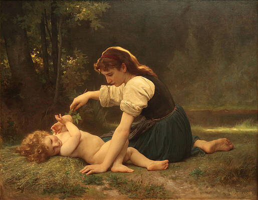 Nature Fan Girl with a Child Print by William-Adolphe Bouguereau