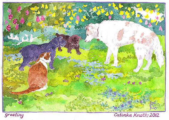 Newcomer Scottie puppies meet oldtimers dog and cat in spring garden by Catinka Knoth Newcomer Scottie puppies meet oldtimers dog and cat in spring garden by Catinka Knoth