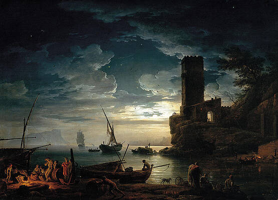 Night. Mediterranean Coast Scene with Fishermen and Boats Print by Claude-Joseph Vernet