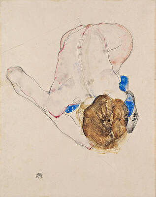Nude with Blue Stockings Bending Forward Print by Egon Schiele