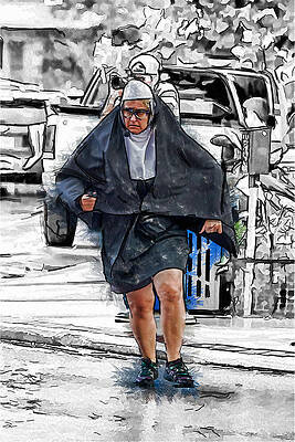 Wall Art - Mixed Media - Nun on the Run by John Haldane