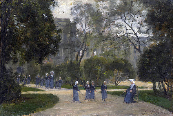 Nuns and Schoolgirls in the Tuileries Gardens Paris Print by Stanislas Lepine