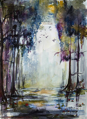 Wall Art - Painting - Wetland Morning Trees Water and Birds by Ginette Callaway