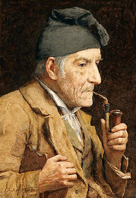 Old Man Smoking His Pipe Print by Albert Anker
