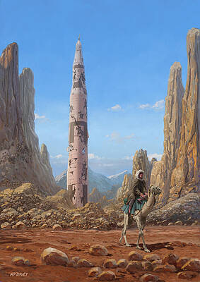 Wall Art - Painting - Old Saturn V rocket in desert by Martin Davey