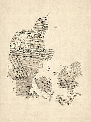 Wall Art - Digital Art - Old Sheet Music Map of Denmark by Michael Tompsett