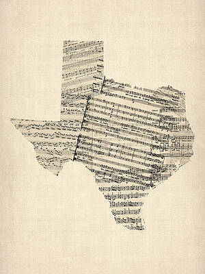 Wall Art - Digital Art - Old Sheet Music Map of Texas by Michael Tompsett
