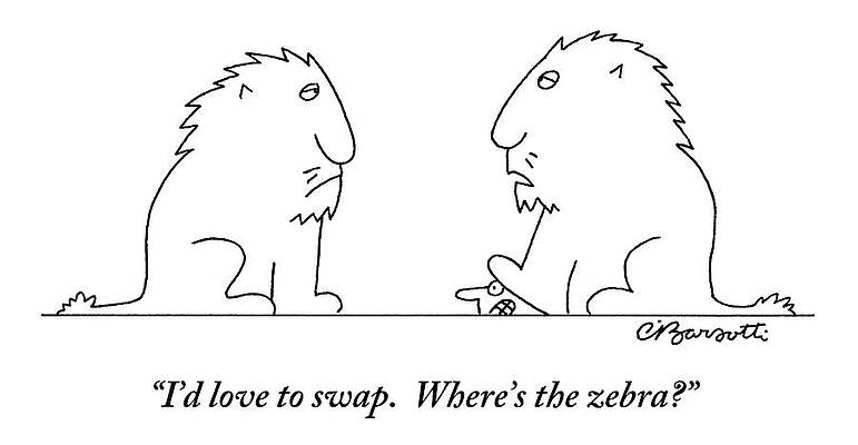 Wall Art - Drawing - One Lion To Another.  A Man's Head Is Peeking by Charles Barsotti