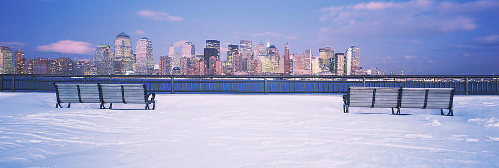 Wall Art - Photograph - Park Benches In Snow With A City by Panoramic Images