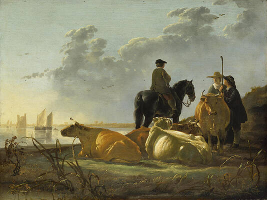 Peasants and Cattle by the River Merwede Print by Aelbert Cuyp
